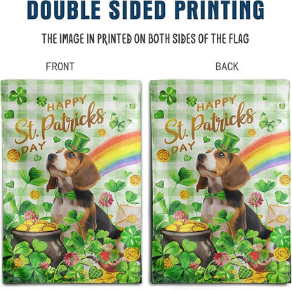 Beagle St Patricks Day Garden Flag Dog St Patrick's Day Yard Flags for Outside 12x18 Double Sided Buffalo Plaid Shamrock Flag Small Outdoor Rainbow St Patrick's Decor