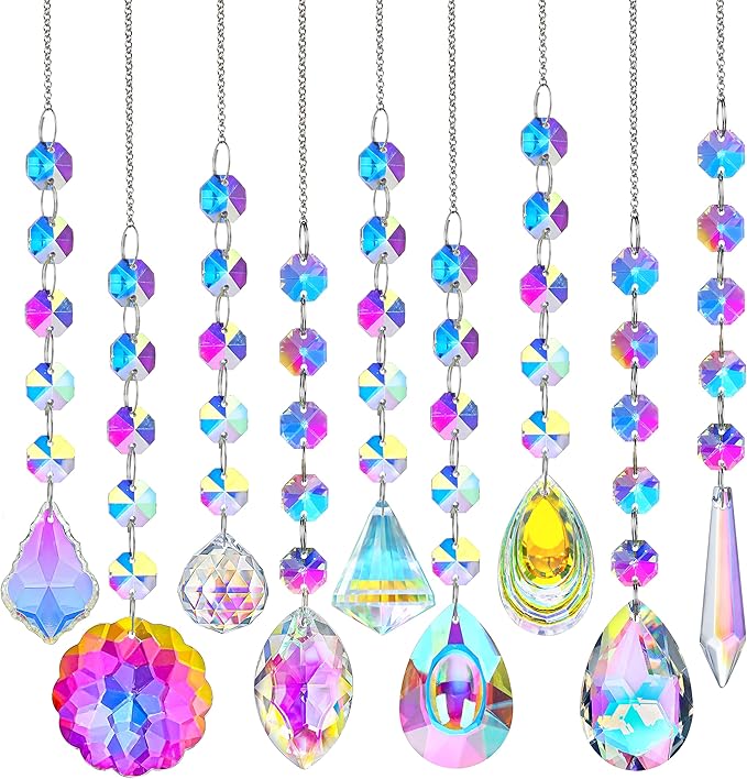 KANPURA 9 PCS Crystal Rainbow Suncatchers, Hanging Crystals Sun Catchers with Chain for Windows, Colorful Suncatcher Prism Pendant Hanging Crystals for Home Christmas Tree Decor