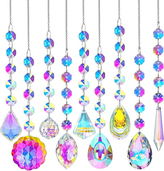 KANPURA 9 PCS Crystal Rainbow Suncatchers, Hanging Crystals Sun Catchers with Chain for Windows, Colorful Suncatcher Prism Pendant Hanging Crystals for Home Christmas Tree Decor