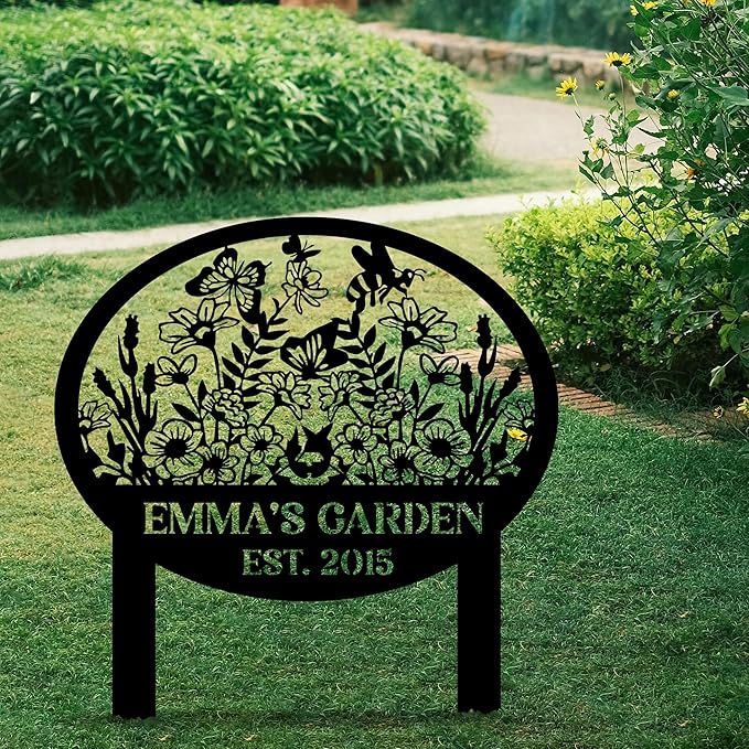 Metal Signs Customized, Personalized Garden Stake Metal Sign, Custom Garden Name Sign, Custom Date Sign with Stakes for Outside, Home Backyard Decor, Farmhouse Patio Decorations, Housewarming Gift