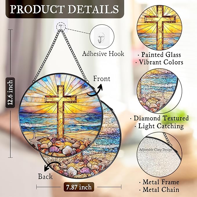 Cross Coastal Stained Glass Window Hanging Suncatcher, Christian Beach Shells Sunset Sun Catcher Indoor Window Decor Gifts, Religious Painted Glass Round Wall Hanging Decorations 7.8x7.8 in