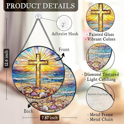 Cross Coastal Stained Glass Window Hanging Suncatcher, Christian Beach Shells Sunset Sun Catcher Indoor Window Decor Gifts, Religious Painted Glass Round Wall Hanging Decorations 7.8x7.8 in