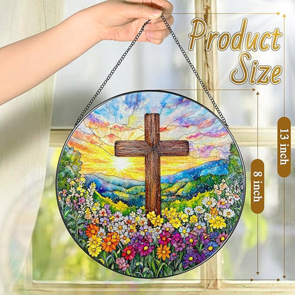 8'' Religious Cross Ornament, Stained Glass Window Hanging, Sun Catcher Window Decor, Christian Holiday Decor, Cross Gifts, Baptism Gifts, Religious Gift, Christian Gift
