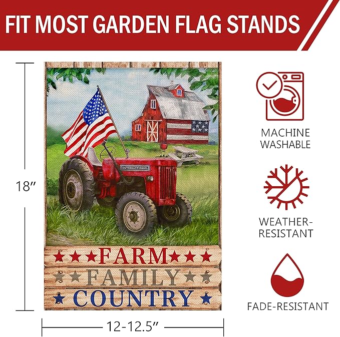 Furiaz Farm Family Country Barn Tractor July 4th American Patriotic Garden Flag, USA America Memorial Day Yard Decorative Home Outside Decoration, Spring Summer Farmhouse Outdoor Small Decor 12x18