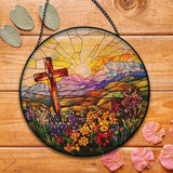 Cross Flower Suncatcher Stained Glass Window Hanging, Christian Wildflower Sunset Landscape Sun Catchers Indoor Window Glass Round Wall Decor, Religious Wall Art Hanging Decorations, ＂7.8x7.8＂