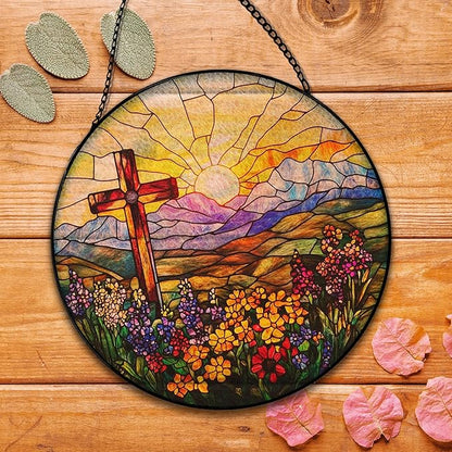 Cross Flower Suncatcher Stained Glass Window Hanging, Christian Wildflower Sunset Landscape Sun Catchers Indoor Window Glass Round Wall Decor, Religious Wall Art Hanging Decorations, ＂7.8x7.8＂