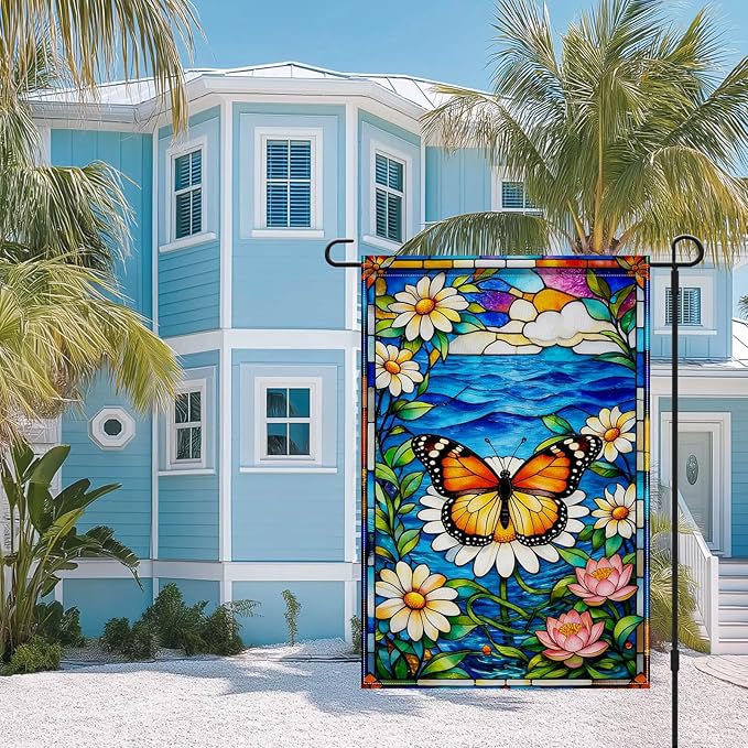 IVN Stained Glass Butterfly Garden Flag 12x18 Inch – Daisy and Water Lily Outdoor Flag, Double Sided Burlap Spring Summer Yard Flag for Porch Lawn Patio Decor