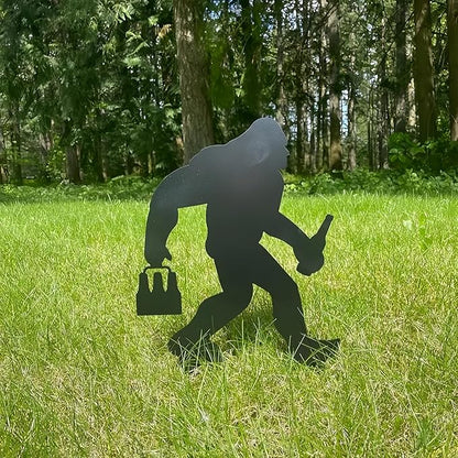 2025 Funny Bigfoot Garden Stake Metal Sign Art Yard Animal Decoration, Various Metal Sasquatch Black Big Foot Sculpture Outdoor Silhouette Statues for Garden Yard Patio Lawn (Beer)