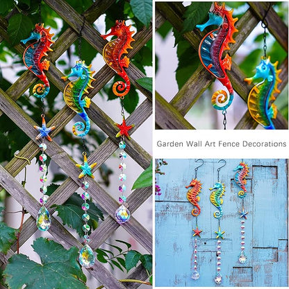 3PCS Seahorse & Starfish Crystal Suncatchers, Stained Glass Metal Hanging Sun Catcher Set with Colorful Crystal Prisms, Rainbow Maker Window Garden Patio Fence Décor