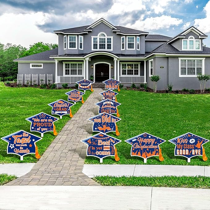 Chunful 12 Pack Graduation Yard Signs Grad Decoration 2026 Happy Graduate Lawn Garden Sign with Stake Congrats Outdoor Plastic Cap Hanging Ornament for Class Pathway Walkway Porch Party(Blue Orange)