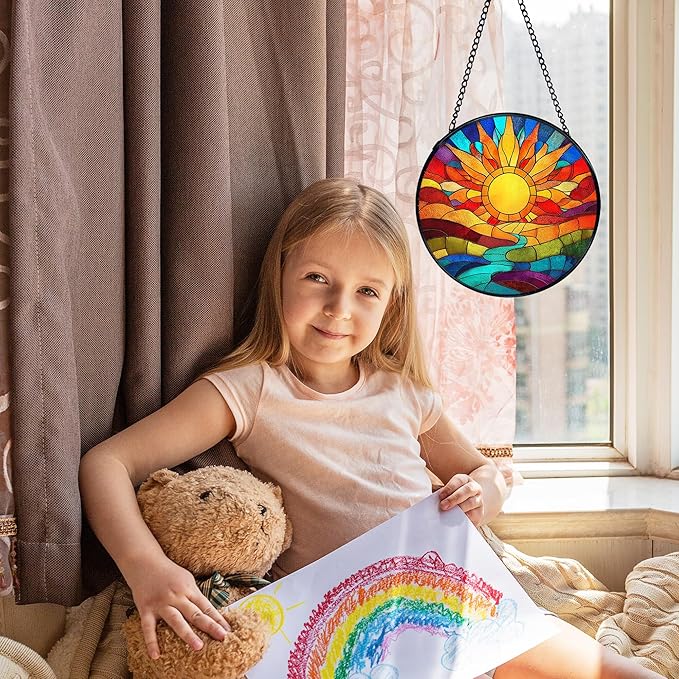 Sunshine Suncatcher Stained Glass Window Hanging, Nature Sunset Landscape Sun Catchers Indoor Window Glass Wall Art Decor, Sun Wall Hanging Decor Decorations, 7.9x7.9 Inch
