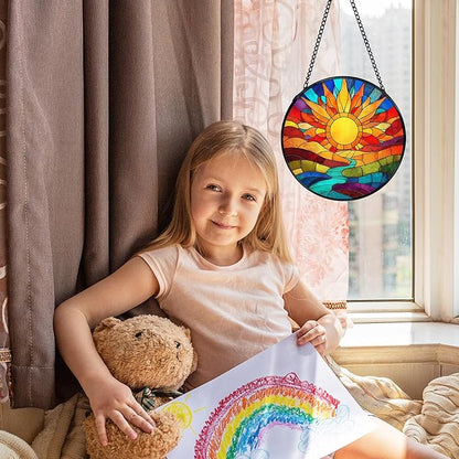 Sunshine Suncatcher Stained Glass Window Hanging, Nature Sunset Landscape Sun Catchers Indoor Window Glass Wall Art Decor, Sun Wall Hanging Decor Decorations, 7.9x7.9 Inch