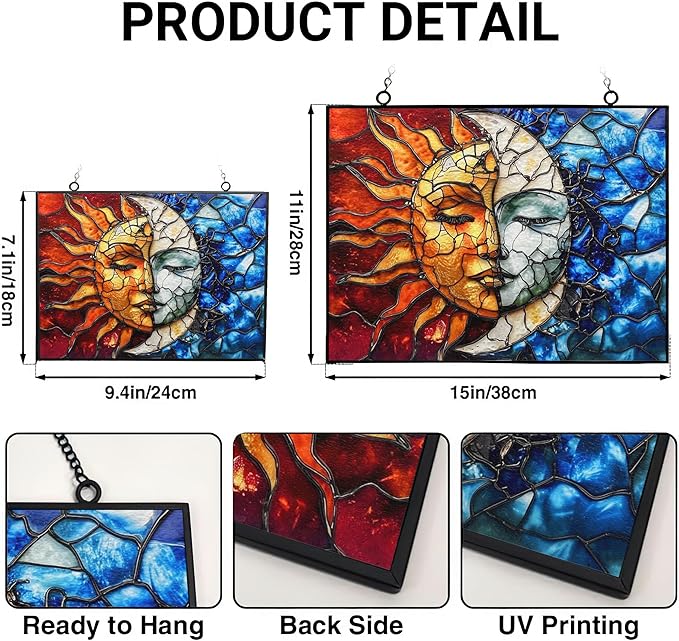 Rectangle Sun and Moon Stained Glass Suncatcher Window Hangings, Suncatchers Colorful Glass Panel Sun Catchers Gifts, Decoration for Home Garden Christmas Party Wedding