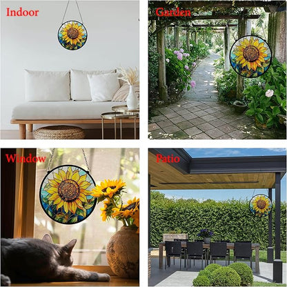 Sunflower Stained Glass Window Ornaments, Painted Suncatchers, Patio Decor, Outdoor Garden Decor, Balcony Decor, Home Decor, Glass Art, 7.8 inch