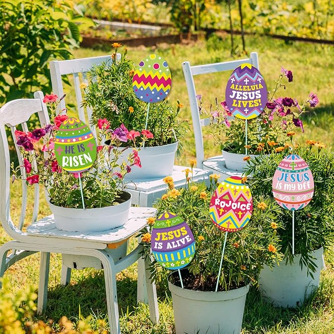 Cinrobiye 12Pcs Easter Planter Stakes Flower Pot Signs 5.9Inches Bunny Chick Jesus Egg Garden Stake Outdoor Lawn for Easter Party Patio Yard Outside Greetings Home Farmhouse Decor
