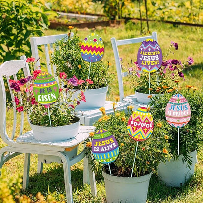 Cinrobiye 12Pcs Easter Planter Stakes Flower Pot Signs 5.9Inches Bunny Chick Jesus Egg Garden Stake Outdoor Lawn for Easter Party Patio Yard Outside Greetings Home Farmhouse Decor