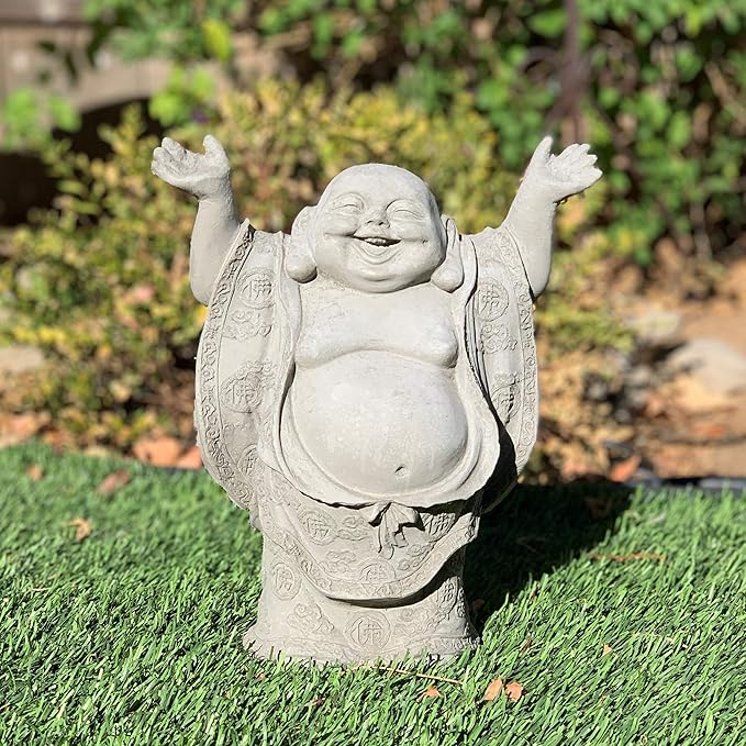 Super Happy Buddha Statue: Solid Durable Stone Statue w/Distressed Texture. Perfect Home Design & Sealed for Outdoor Use. Handcrafted USA. (Antique/Gray)