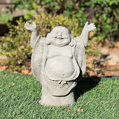Super Happy Buddha Statue: Solid Durable Stone Statue w/Distressed Texture. Perfect Home Design & Sealed for Outdoor Use. Handcrafted USA. (Antique/Gray)
