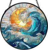 Coastal Ocean Waves Suncatchers Stained Glass Window Hanging, Ocean Beach Sun Catchers Indoor Window Glass Round Wall Decor, 7.9x7.9in