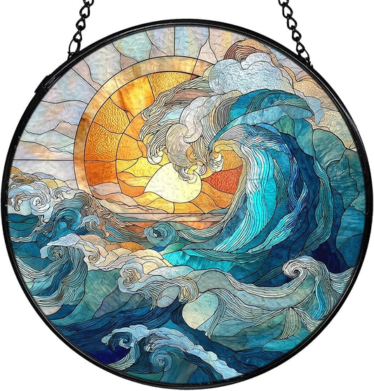Coastal Ocean Waves Suncatchers Stained Glass Window Hanging, Ocean Beach Sun Catchers Indoor Window Glass Round Wall Decor, 7.9x7.9in