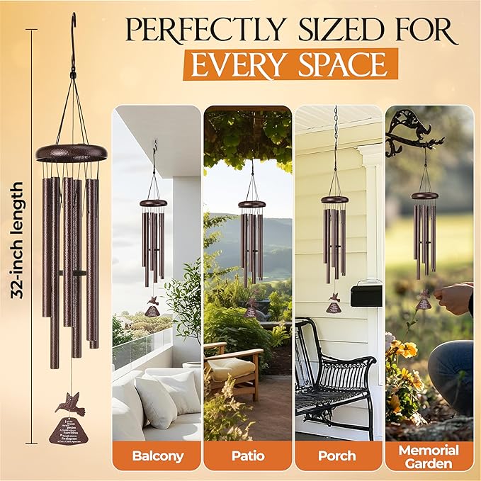 32 Inch Hummingbird Memorial Wind Chimes Outdoor, Sympathy Gifts for Loss of Loved One, Memorial Gifts for Loss of Mom, Sympathy Wind Chimes for Mother, Father, Brother, Sister