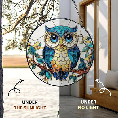 Owl Stained Glass Window Hanging, Owl Bird Suncatcher, Bird Sun Catchers Indoor Window Round Glass Wall Art Hanging Decorations, 7.9x7.9in