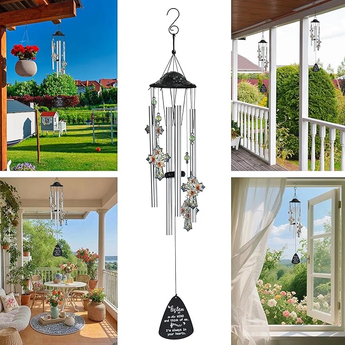 HDCRYSTALGIFTS 34'' Christian Gifts for Women Men, Memorial Wind Chimes for Outside, Religious Christian Sympathy Gifts for Loss of Loved One Mom Dad Friends Home Garden Decor (Cross)
