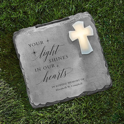 Let's Make Memories Personalized Memorial Garden Stone - Engraved Sympathy Garden Marker - Condolences - Solar Cross - Your Light Shines