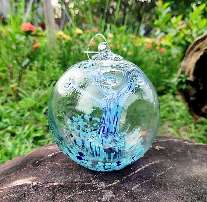 5.5-Inch Solar Powered Hanging Threaded Glass Gazing Ball Outdoor Garden Decoration (Blue & Aqua)