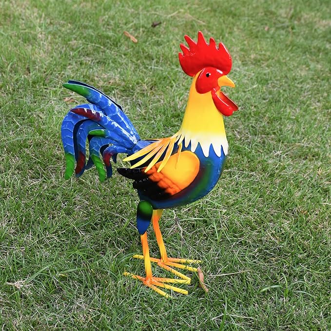 Metal Rooster Yard Art Chicken Garden Outdoor Decor, Metallic Roosters Statue & Sculpture Decorations for Kitchen Farm Lawn Patio Backyard Housewarming