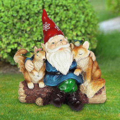 Exhart Garden Gnome, Solar Squirrel and Fox Friends Garden Sculpture, LED Birds, Outdoor Lawn and Yard Decoration, 14 x 8 x 13.5 Inch, Multicolor, Resin