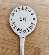 Herb Marker, Mint Funny Saying, Mojitos in Training, Hand Stamped on Silver Plate Gumbo Spoon, Garden Marker to Stick in Potted herb Plant