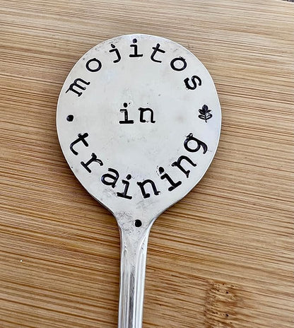 Herb Marker, Mint Funny Saying, Mojitos in Training, Hand Stamped on Silver Plate Gumbo Spoon, Garden Marker to Stick in Potted herb Plant