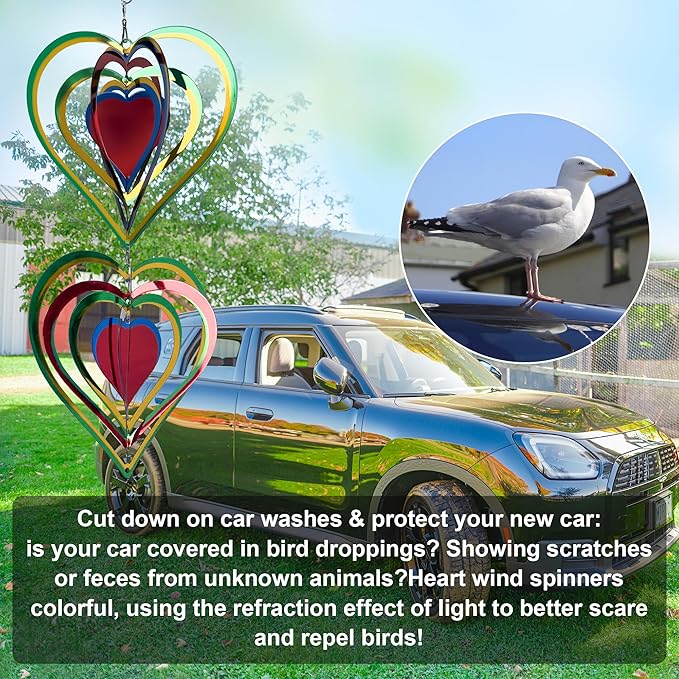 9 Pcs Heart Wind Spinners Colorful: Outdoor Garden Decor Metal Yard Lawn Ornaments with 360 Degree Swivel Hook, Reflective Bird Device Deterrent to Keep Birds Away from Porch Yard Patio Parking