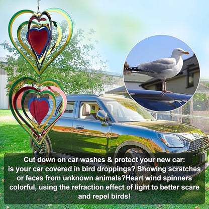 9 Pcs Heart Wind Spinners Colorful: Outdoor Garden Decor Metal Yard Lawn Ornaments with 360 Degree Swivel Hook, Reflective Bird Device Deterrent to Keep Birds Away from Porch Yard Patio Parking