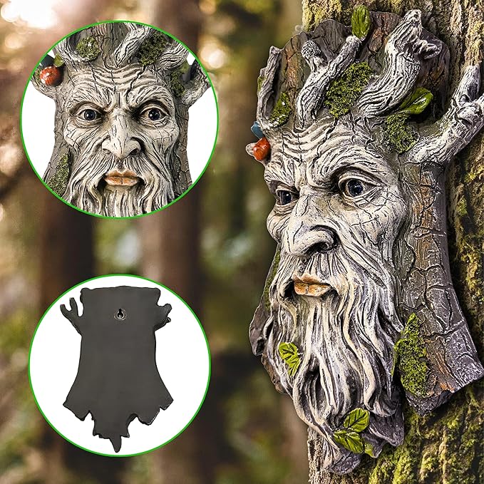 Teaeeno Whimsical Tree Face Garden Decoration, 11.8 in Tree Faces Decor Outdoor Wallmounted Statue Art with Leaf Features, Outdoor Decor Garden Accessory (Outdoors and Nature)
