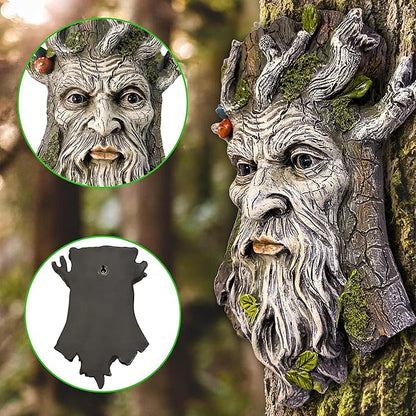Teaeeno Whimsical Tree Face Garden Decoration, 11.8 in Tree Faces Decor Outdoor Wallmounted Statue Art with Leaf Features, Outdoor Decor Garden Accessory (Outdoors and Nature)