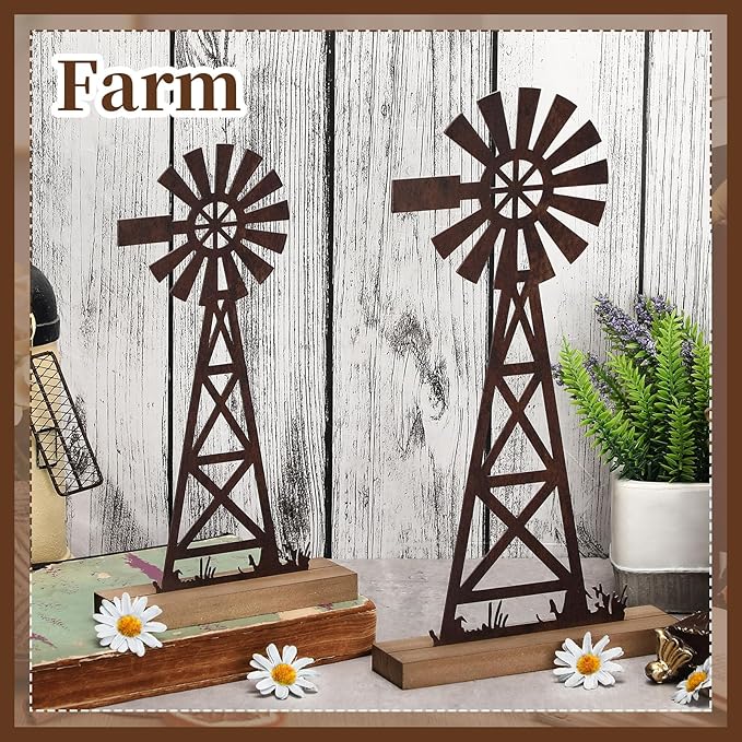 Tandefio 2 Pcs Farmhouse Windmill Table Top Decor 11.8 Inch Metal Rusted Vintage Desk and Shelf, Decorative Farmhouse Kitchen Rustic Windmill Rustic Home Decorations