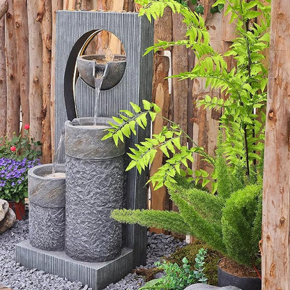 Tankana Water Fountain Zen Feature Outdoor Indoor - Waterfall Garden Freestanding Fountains ρ-Shaped Hollow Artistry Design with LED Lights for Home Decor Patio Yard Pool, 41 inches