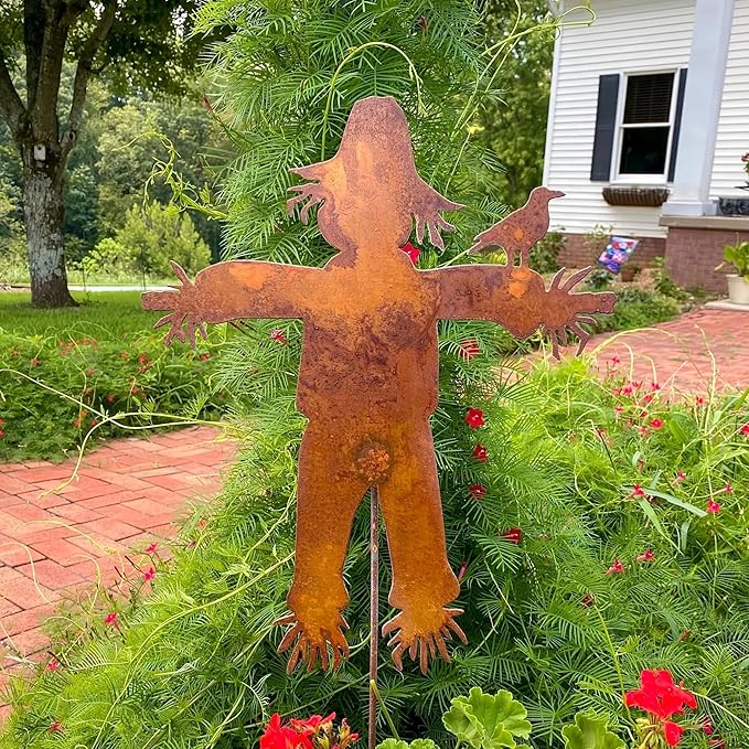 Metal Scarecrow Garden Art - Freestanding Scarecrow & Bird Design, Weatherproof Outdoor Fall Decor for Yard, Porch - Thanksgiving & Autumn Rustic Charm