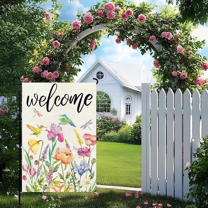 Spring Summer Garden Flag 12x18 Inch, Double Sided Colorful Flowers Birds Dragonflies Flag, Seasonal Yard Outdoor Decoration