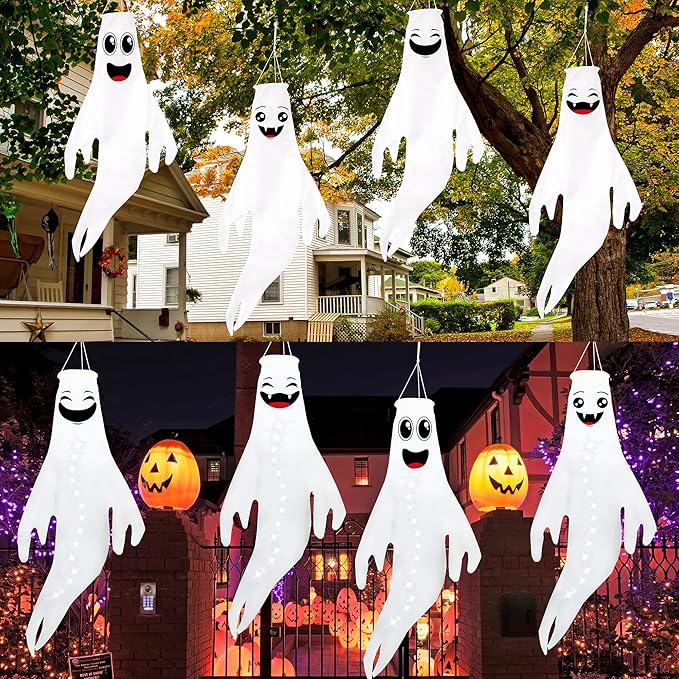 Geefuun 4PCS White Halloween Fierce Ghost Windsocks Hanging Decorations - Flag Wind Socks for Home Yard Outdoor Decor Party Supplies (Batteries Not Included,No Timer)