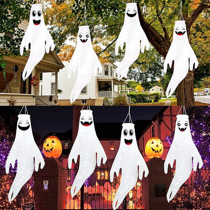Geefuun 4PCS White Halloween Fierce Ghost Windsocks Hanging Decorations - Flag Wind Socks for Home Yard Outdoor Decor Party Supplies (Batteries Not Included,No Timer)