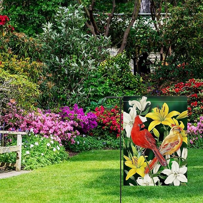 Furiaz Decorative Cardinal Flower Spring Small Garden Flag Double Sided, Red Yellow Birds Home Floral Lily Burlap Outside House Yard Decoration, Summer Green Seasonal Outdoor Décor Flag 12.5 x 18
