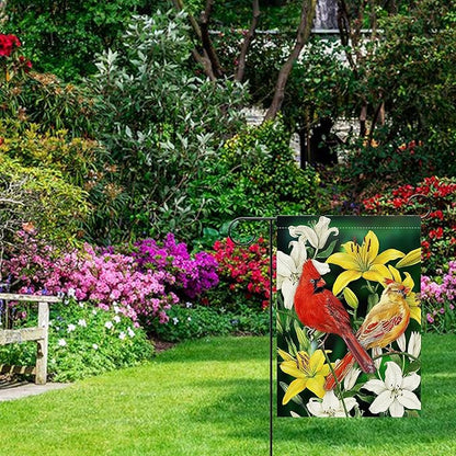 Furiaz Decorative Cardinal Flower Spring Small Garden Flag Double Sided, Red Yellow Birds Home Floral Lily Burlap Outside House Yard Decoration, Summer Green Seasonal Outdoor Décor Flag 12.5 x 18