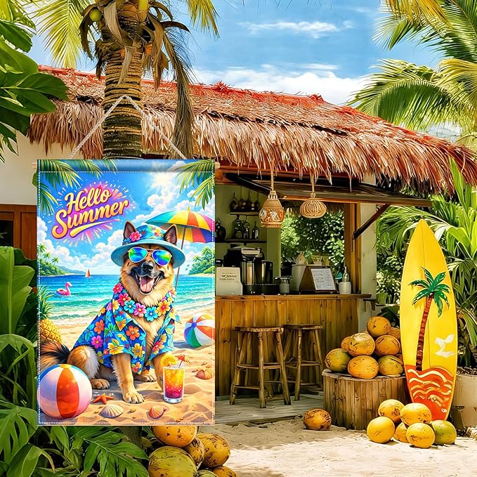 BlissYard Hello Summer Golden Retriever Garden Flag 12x18 Double Sided Vertical Outdoor Decor Beach Dog Tropical Yard Garden Lawn Banner Colorful Seasonal Display
