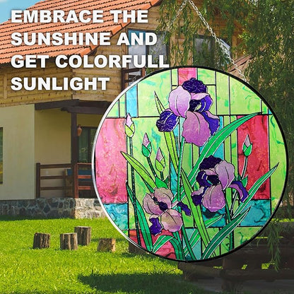 Hanway Suncatcher in Colorful Stained Glass 12" Dia - Genuine Brightly Colored Glass, Protective Metal Edge, Ready to Use Hanging Chain, for Window, Garden (Iris)