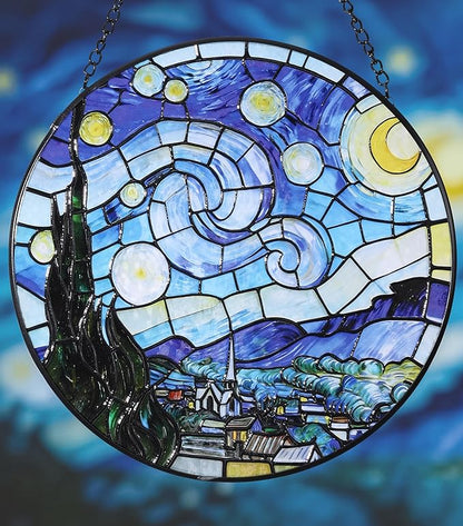 Hanging Stained Glass for Windows,20cm/7.87inch Van Gogh Starry Night Stained Glass Suncatcher with Chain Garden Diamond Glass Panel Hangings Decoration for Home Decor Gifts for Family Friends