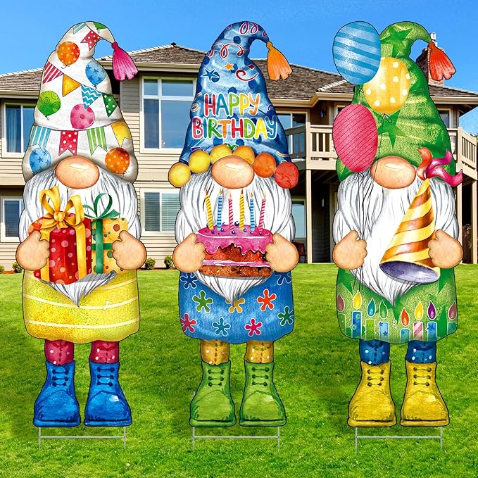 Umigy 3 Pcs 32 x 10 Inch Happy Birthday Yard Decor Outdoor Gnome Sign with Stakes Gift Boxes Cake Balloon Gnome Garden Sign Outdoor Yard Decor for Birthday Party Lawn Decorations