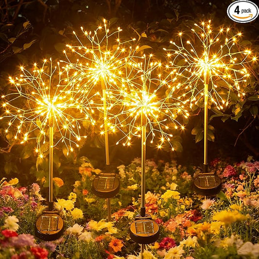 Solar Garden Lights Outdoor Yard Decorations, 4 Pack 150Leds Pathway Light, Fairy Firework Stake Lights for Garden, Patio, Pathway, Flowerbed Gold Color